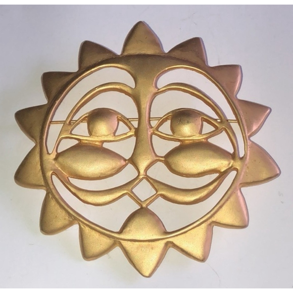 HL Signed HUGE Celestial Sun Satin Soft Gold Tone Vintage Brooch Shoulder Pin - Picture 1 of 5